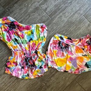 Flowers by Zoe Girls One Shoulder Tie dye Top and Shorts Set with Sequins LARGE
